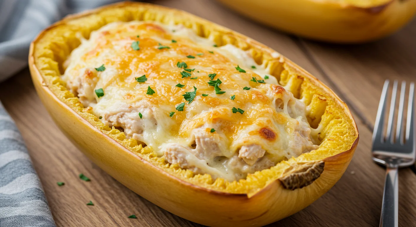 Chicken Alfredo Spaghetti Squash Overhead view of roasted Keto Chicken Alfredo Spaghetti Squash with golden cheese, parsley, and a fork on a wooden table.