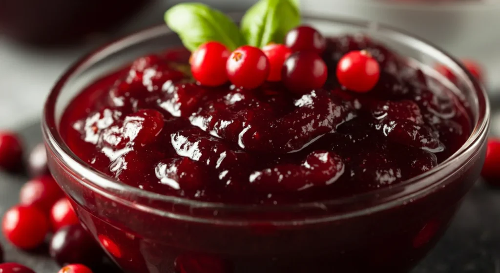 Holiday Cranberry Sauce Side view of cranberry sauce in a glass bowl, garnished with cranberries and basil, showing glossy texture.