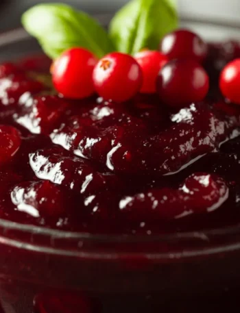 Holiday Cranberry Sauce Side view of cranberry sauce in a glass bowl, garnished with cranberries and basil, showing glossy texture.