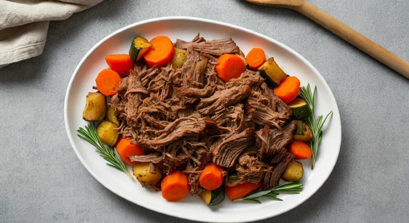 Keto Beef Pot Roast Overhead view of Keto Beef Pot Roast with beef, vegetables, and rosemary in a white platter on a gray countertop.