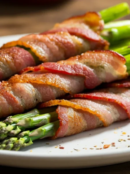 Keto Bacon Wrapped Asparagus Side-angle shot of crispy bacon-wrapped asparagus bundles on a white plate with a rustic table and natural lighting.