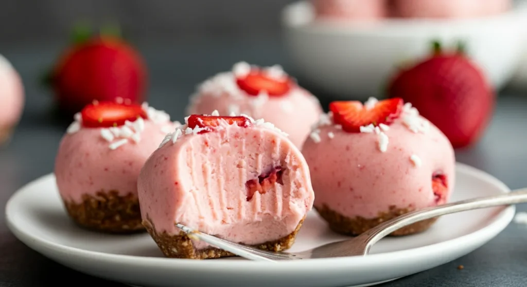 Keto strawberry cheesecake balls Hand holding a keto strawberry cheesecake ball with a bite taken out, plate with more balls below.