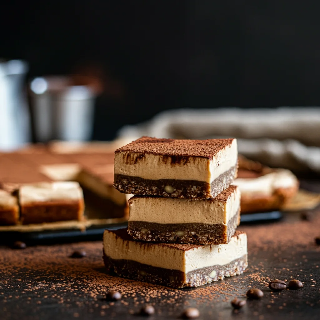 Keto Cappuccino Slice Close-up of keto cappuccino slice with creamy layers and nutty base, taken from a lower angle with a rustic kitchen background.