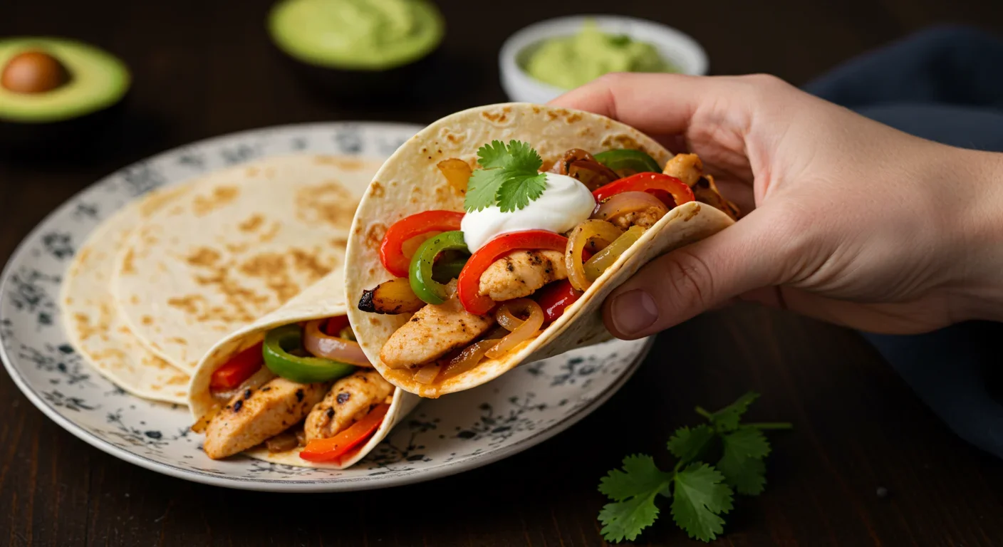 10-Min Keto Chicken Fajitas A hand holding a keto chicken fajita in a tortilla, with a plate of fajitas, avocado dip, and garnishes in the background, in natural lighting.