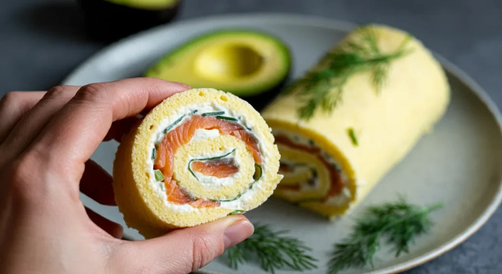 Keto Sandwich Swiss Roll Hand holding a slice of keto sandwich Swiss roll, with the remaining roll on a ceramic plate in the background, garnished with dill and avocado.