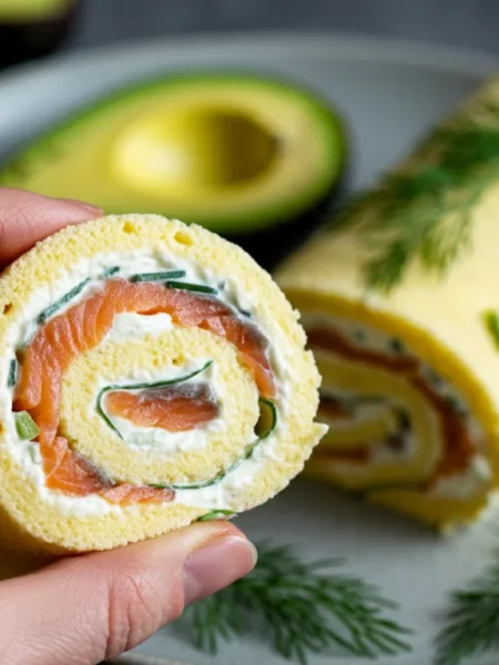 Keto Sandwich Swiss Roll Hand holding a slice of keto sandwich Swiss roll, with the remaining roll on a ceramic plate in the background, garnished with dill and avocado.