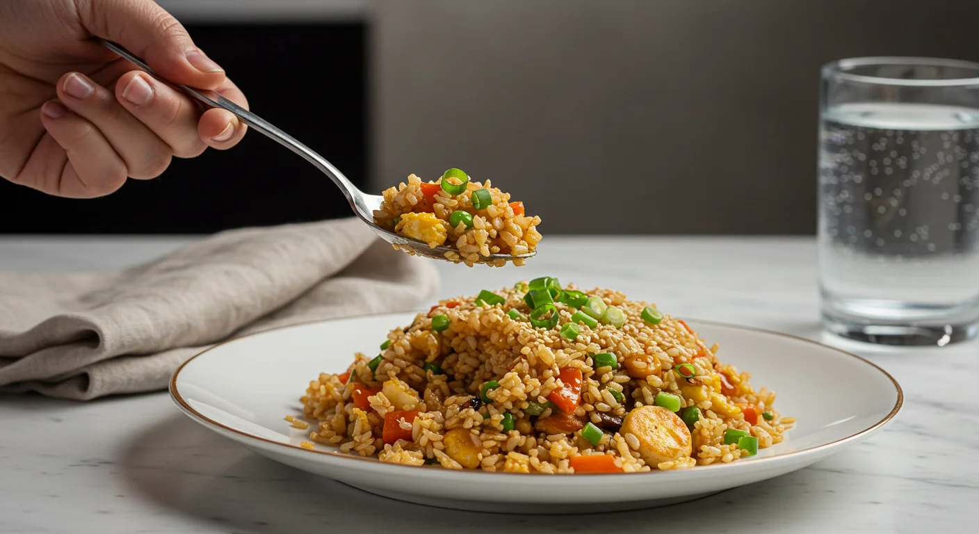 keto fried rice Hand holding a spoon of keto fried rice over a garnished plate, styled on a polished table with soft lighting.