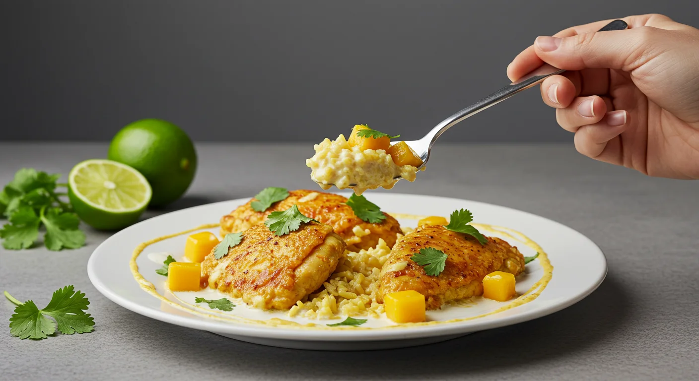 keto coconut & mango chicken curry Hand holding a spoon of keto coconut & mango chicken curry above an elegant white plate, garnished with cilantro and drizzled with coconut milk.