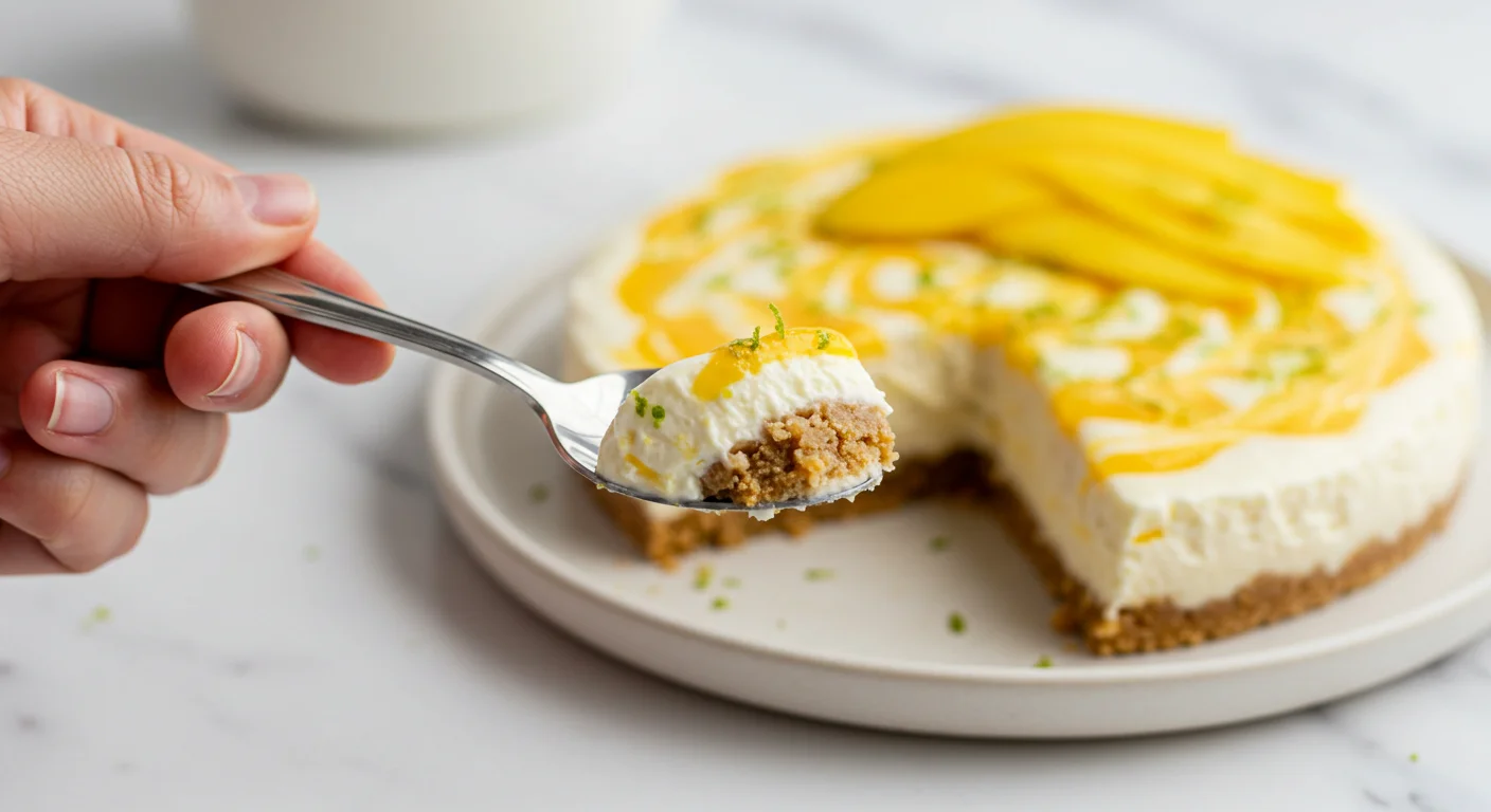 keto Mango labne cheesecake Hand holding a spoon with a bite of keto mango labneh cheesecake, with the remaining cheesecake on a ceramic plate in a classy setup.