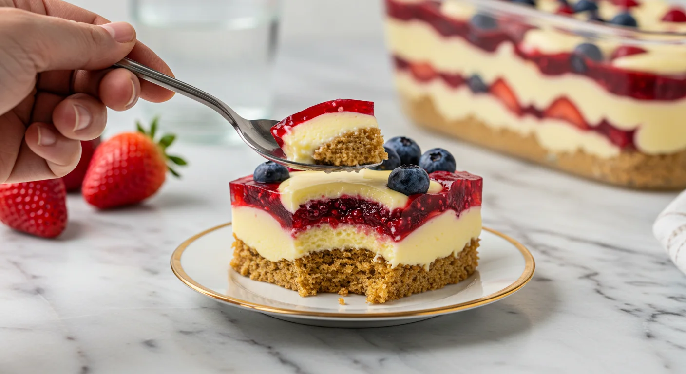 keto Diabetic-friendly trifle Hand holding a spoonful of keto trifle, with the dessert served on a white plate with golden edges, set on a marble countertop.