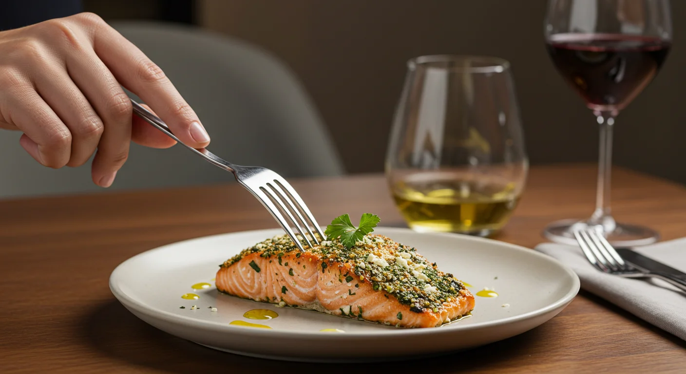 keto Charred herb and fetta salmon Fork cutting into a piece of keto charred herb and feta salmon on a ceramic plate, garnished with parsley in a professional dining setup.