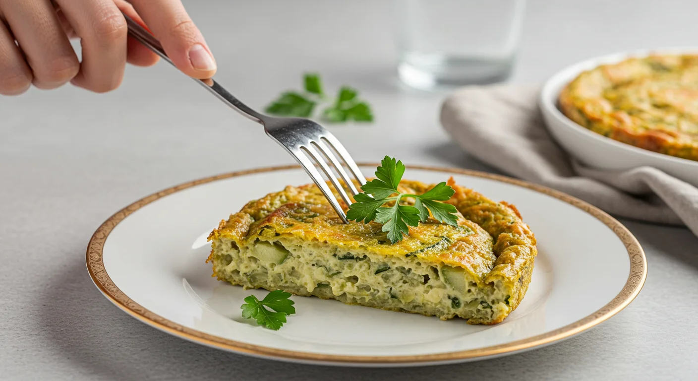 keto zucchini slice A keto zucchini slice served on a white plate with golden accents, garnished with parsley. A hand holds a silver fork over the slice, with a minimal, elegant background.