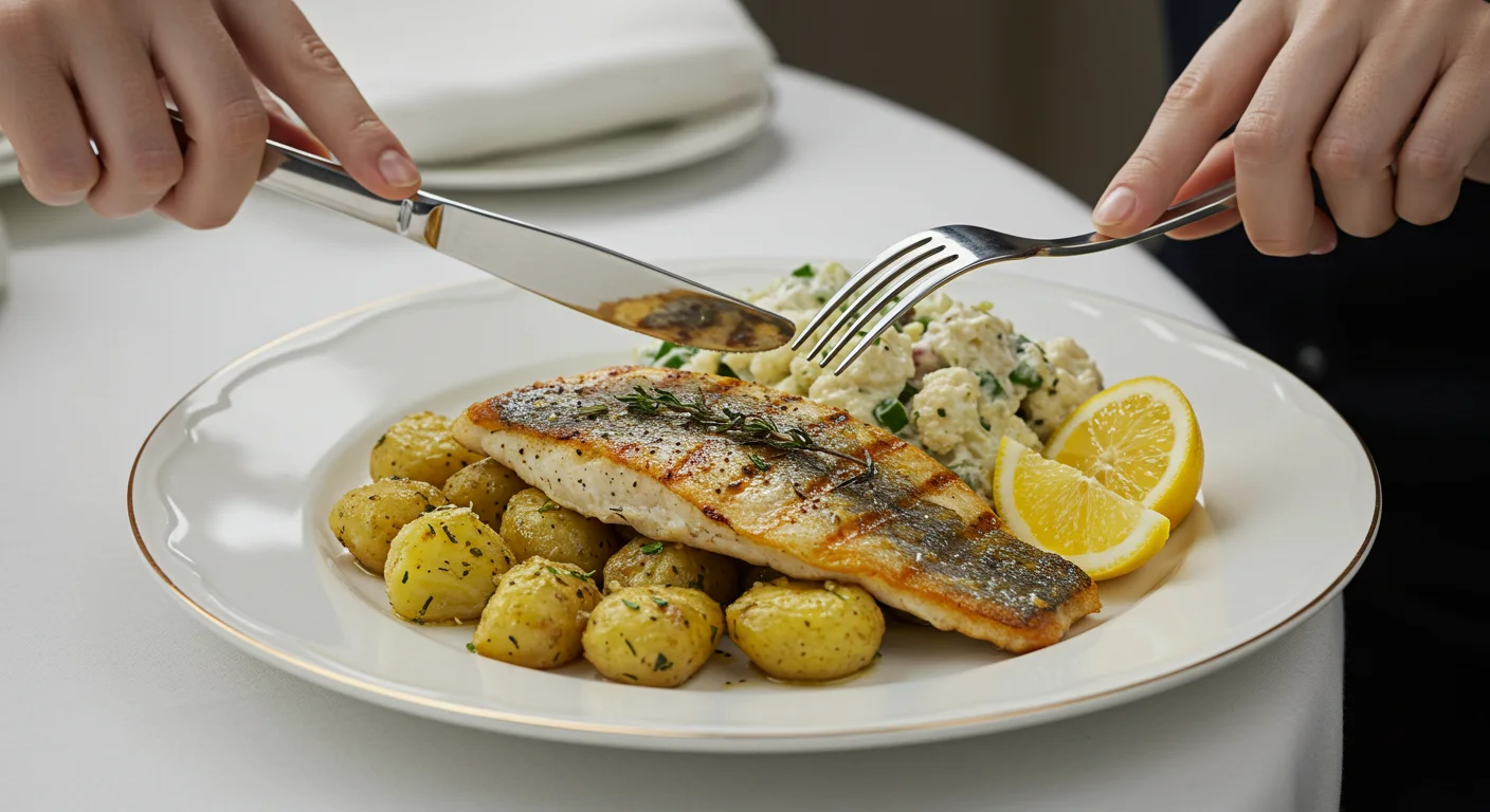 keto Grilled snapper with yoghurt potatoes Hand holding fork and knife over a classy plate of keto grilled snapper with creamy yoghurt potatoes, rocket, and lemon wedges, in a professional setup.