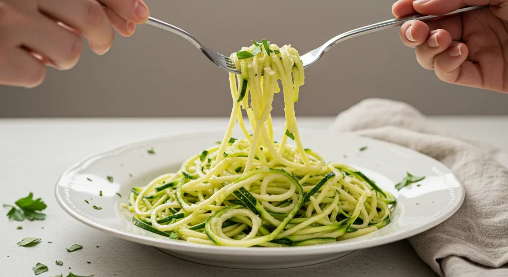 keto Zucchini Noodles Elegant keto zucchini noodles on a white plate, with a hand twirling noodles on a silver fork, captured in bright, professional lighting.