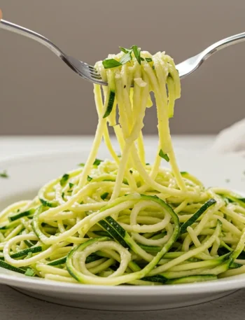 keto Zucchini Noodles Elegant keto zucchini noodles on a white plate, with a hand twirling noodles on a silver fork, captured in bright, professional lighting.