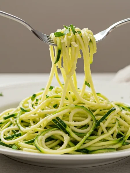 keto Zucchini Noodles Elegant keto zucchini noodles on a white plate, with a hand twirling noodles on a silver fork, captured in bright, professional lighting.