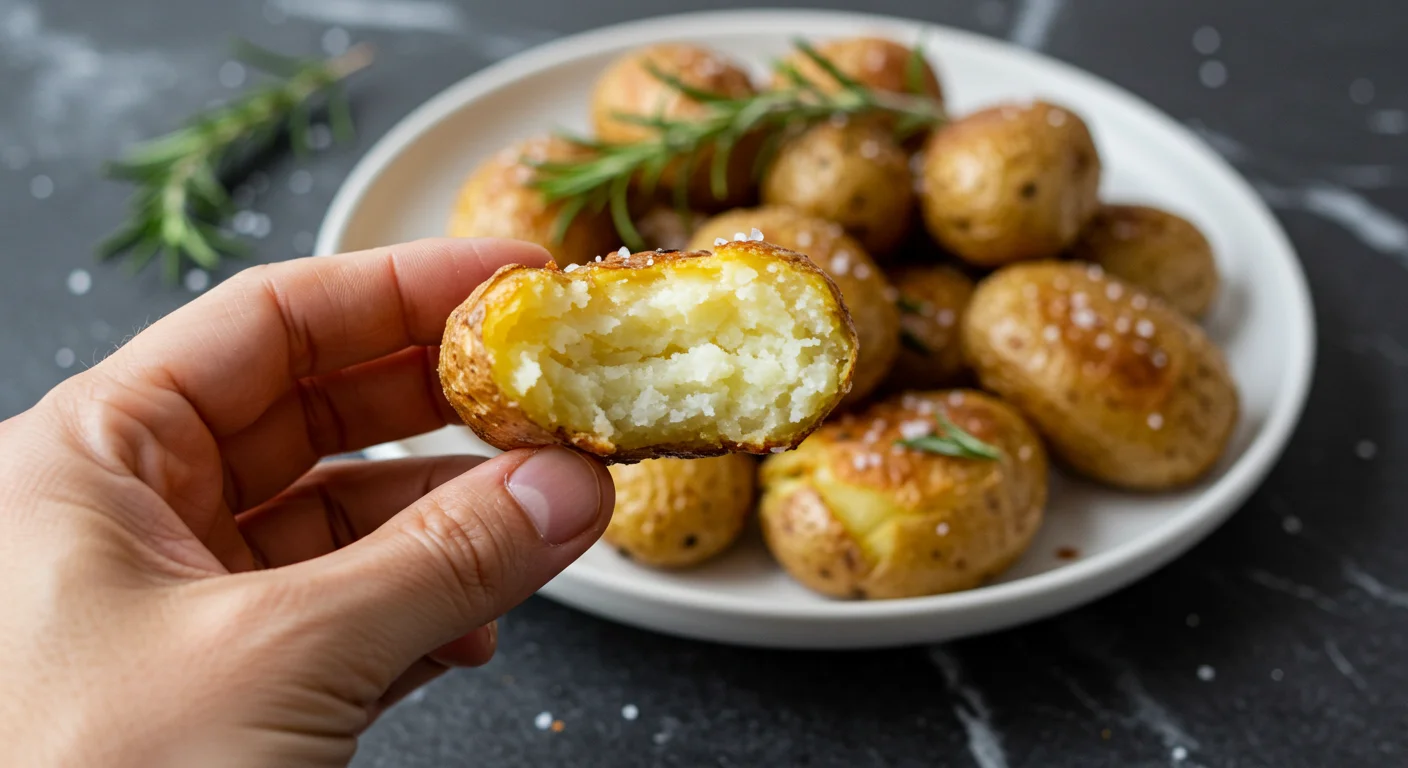 Keto Roast Potatoes Hand holding a crispy golden keto roast potato, with a plate of roasted turnips garnished with rosemary and sea salt in the background on a dark surface.