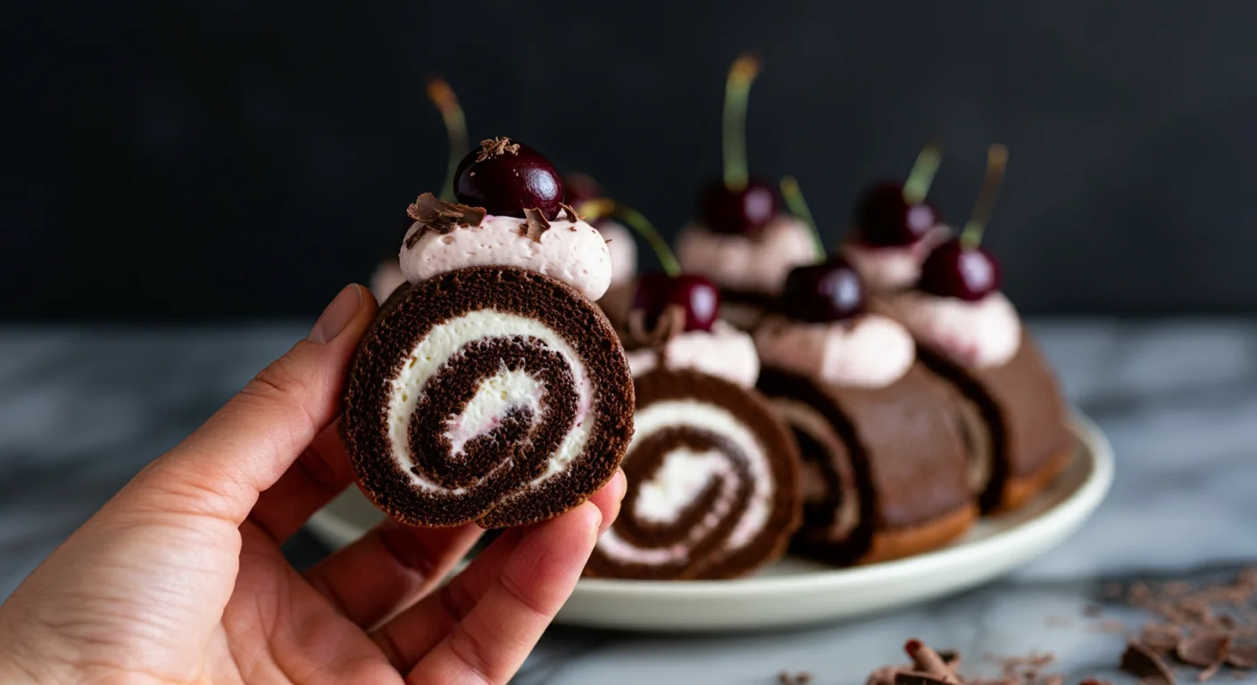 keto Easy Black Forest wreath Close-up of a hand holding a keto chocolate roll topped with cream and a cherry, with a plate of remaining rolls in the background on a marble surface.