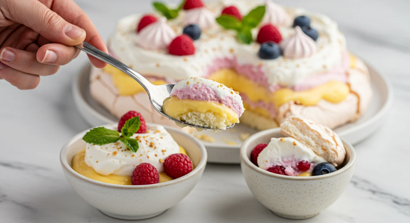 keto Christmas pavlova trifle A hand holding a spoon with keto pavlova trifle, showing layers of cream, berries, and meringue, with plated dessert in the background.