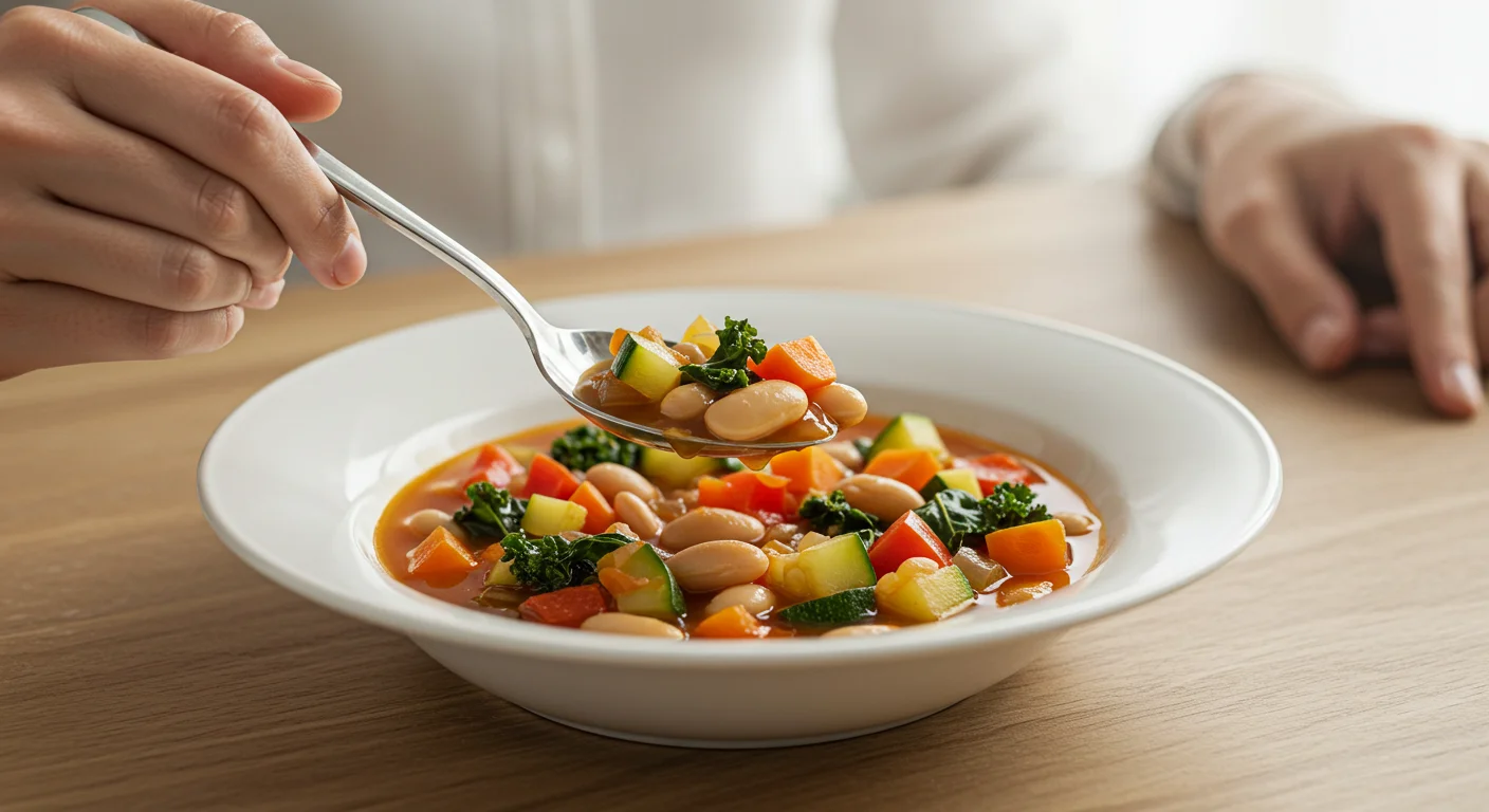 keto Quick vegetarian minestrone A hand holding a spoon scooping Keto Quick Vegetarian Minestrone from a white plate, showing vibrant vegetables and tomato broth, with a soft, blurred kitchen background.