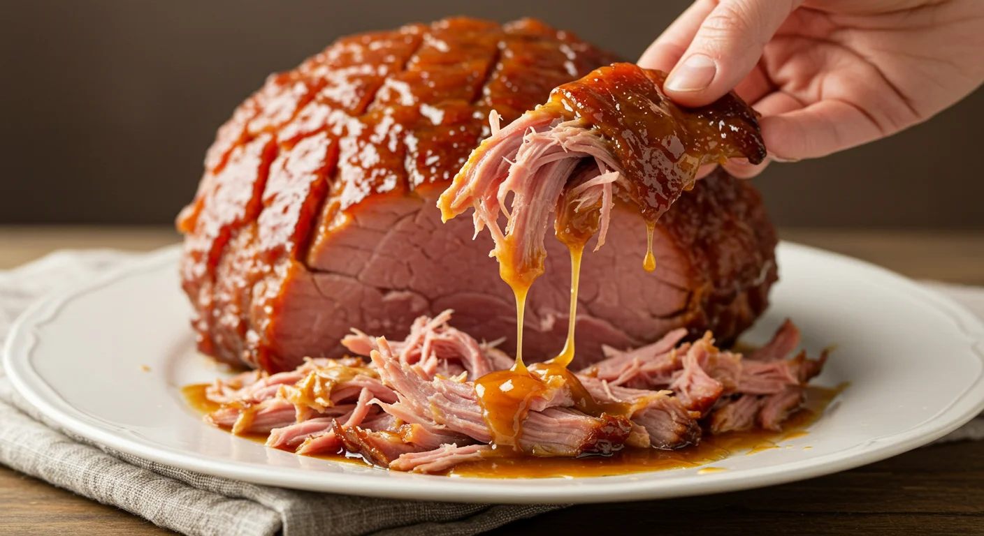 keto Slow cooker pulled maple Christmas ham Hand holding a glazed piece of keto pulled maple ham, with the remaining ham on a white plate.