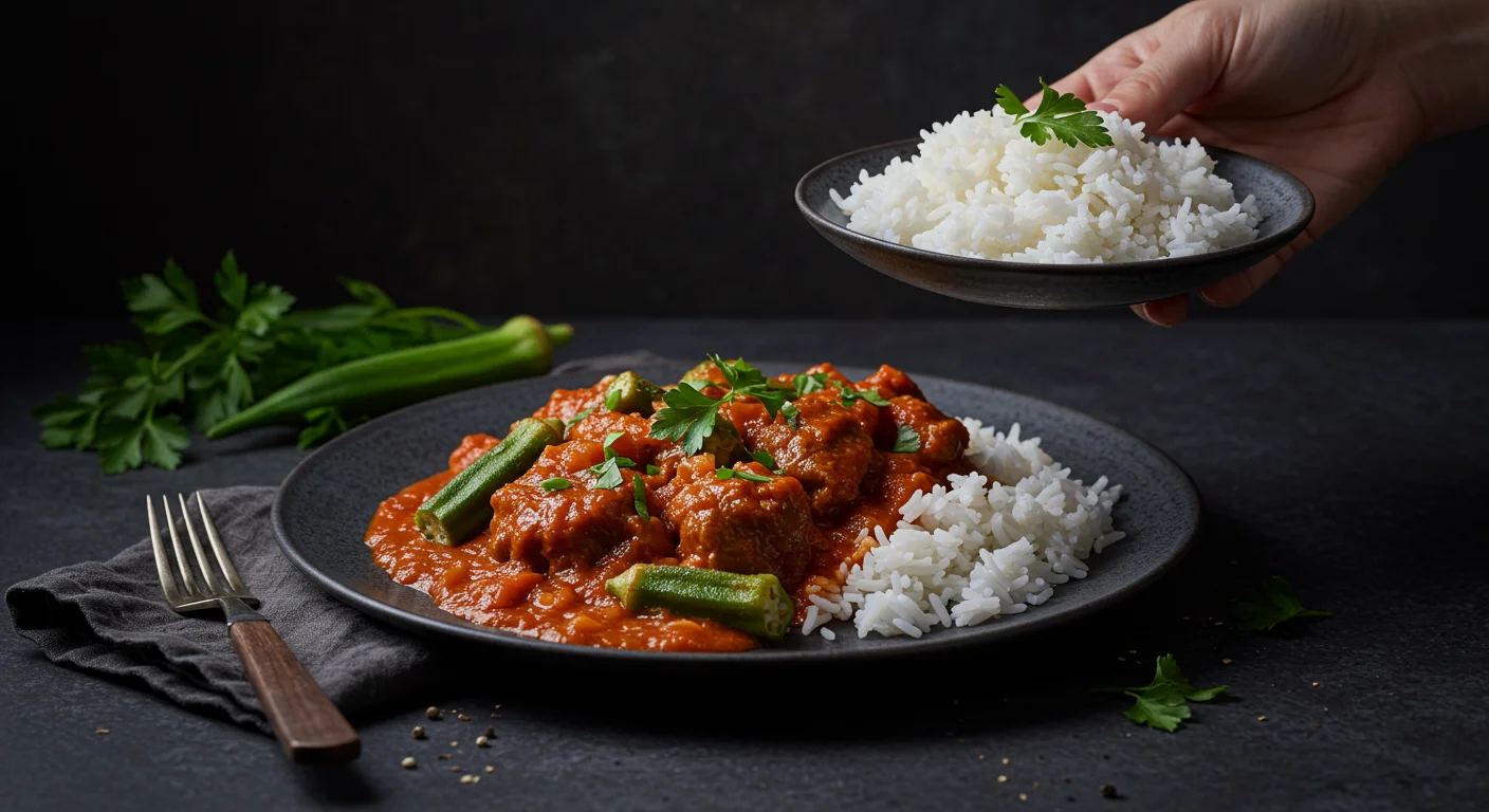 keto Lebanese lamb & okra stew Professional photo of keto Lebanese lamb & okra stew on a dark plate, with a hand holding rice in the foreground.