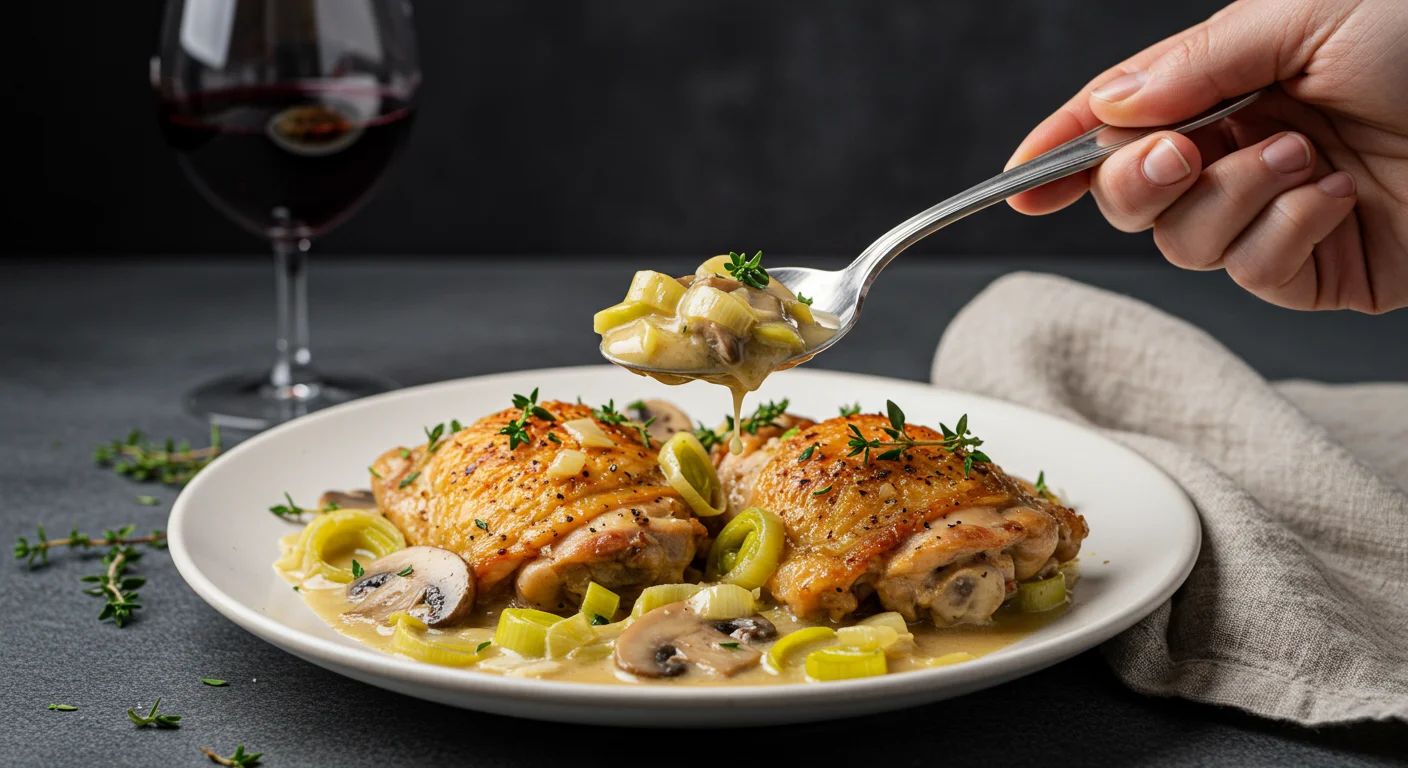 keto Chicken and leek casserole Hand holding a spoon with keto Chicken and Leek Casserole over a white plate with chicken thigh, creamy sauce, and parsley garnish.