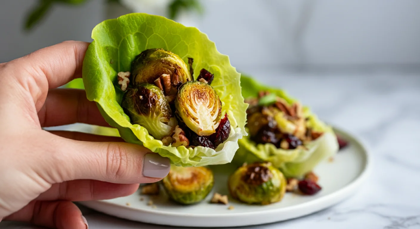 Keto Cranberry Pecan Brussels Sprouts Glass bowl with halved Brussels sprouts, pecans, cranberries, olive oil, and garlic salt on a rustic wooden countertop.