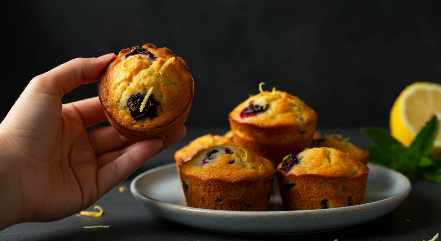 Keto Mini Fruit Cakes Hand holding a keto mini fruit cake with others on a ceramic plate in soft lighting.