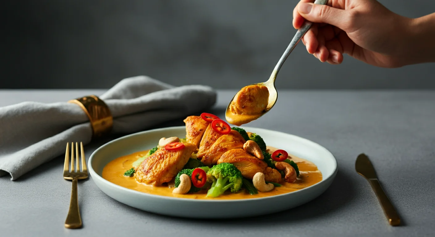 Keto Coconut & Cashew Chicken Curry Plated Keto Coconut & Cashew Chicken Curry with chicken, veggies, and curry sauce, garnished with cashews. A hand holds a spoon over the dish.