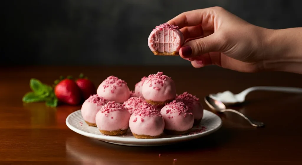 Keto strawberry cheesecake balls Plate of keto strawberry cheesecake balls with one cut open.