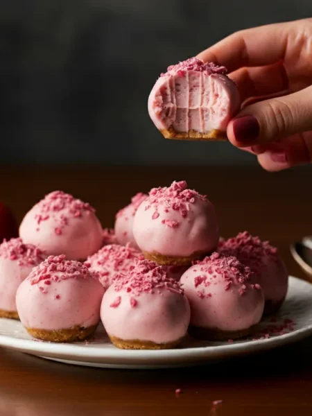 Keto strawberry cheesecake balls Plate of keto strawberry cheesecake balls with one cut open.