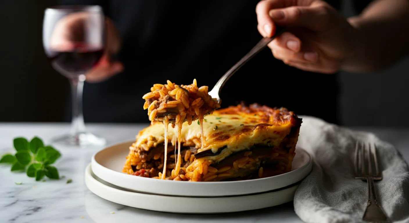 Keto Easy Moussaka Risoni Bake Hand holding a spoon with a portion of Keto Moussaka Risoni Bake from a white plate, showing lamb, eggplant, and cheese layers on a marble surface.