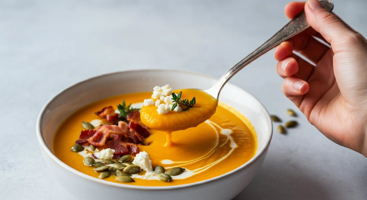 Keto Pumpkin Soup Close-up of a hand holding a spoonful of creamy keto pumpkin soup from a white bowl, garnished with bacon, feta, seeds, and thyme on a white table.