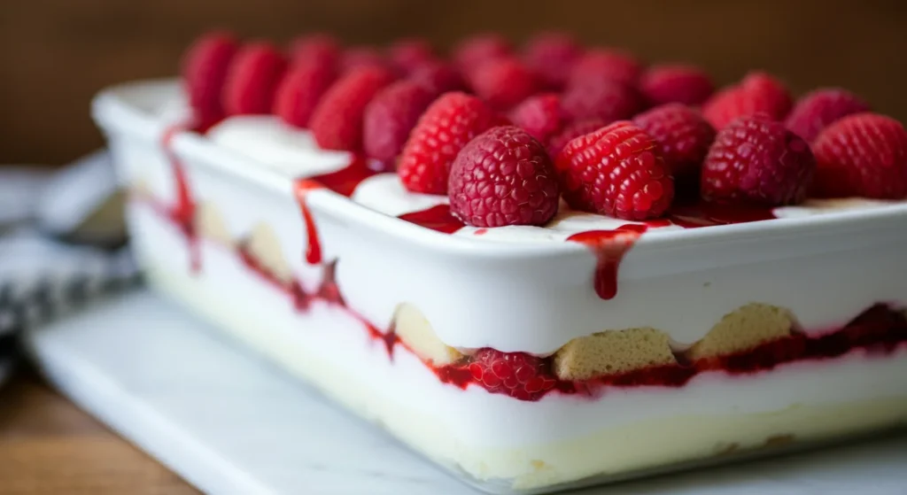 keto White chocolate berrymisu Side angle of Keto White Chocolate Berrymisu in a white dish, showing creamy layers, raspberries, and sauce on a kitchen countertop.