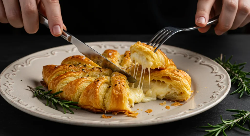 Keto Cheesy Puff Pastry Christmas Tree Hand holding a golden, cheesy pastry roll with a classy plate of remaining Keto Cheesy Puff Pastry pieces on a marble countertop.