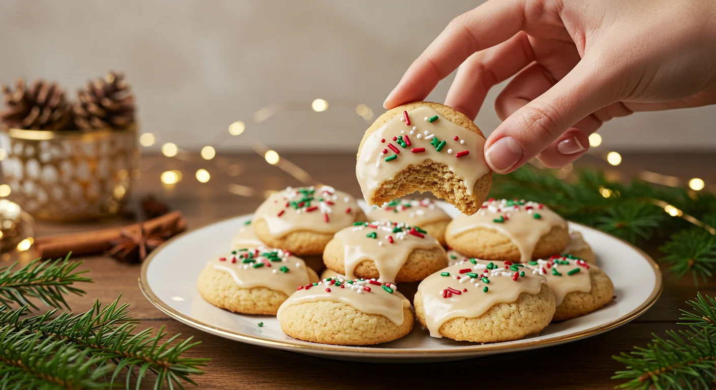 Keto Italian Christmas Cookies Hand holding a keto Italian Christmas cookie with glaze and sprinkles, cookies displayed on a classy plate with holiday decor.