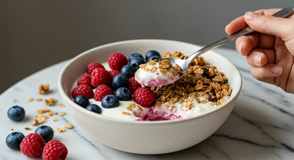 keto Yoghurt and muesli parfaits Half-eaten keto parfait in a white bowl, with a hand holding a spoon, on a marble surface with scattered berries and granola.