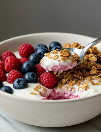 keto Yoghurt and muesli parfaits Half-eaten keto parfait in a white bowl, with a hand holding a spoon, on a marble surface with scattered berries and granola.