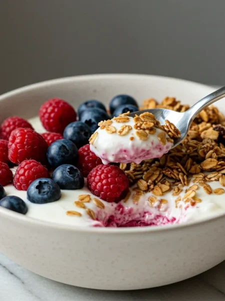 keto Yoghurt and muesli parfaits Half-eaten keto parfait in a white bowl, with a hand holding a spoon, on a marble surface with scattered berries and granola.