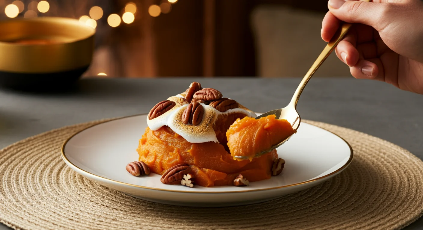 Candied Sweet Potatoes Plate of Keto Candied Sweet Potatoes topped with marshmallows, with a hand holding a spoon above it on a cloth napkin.