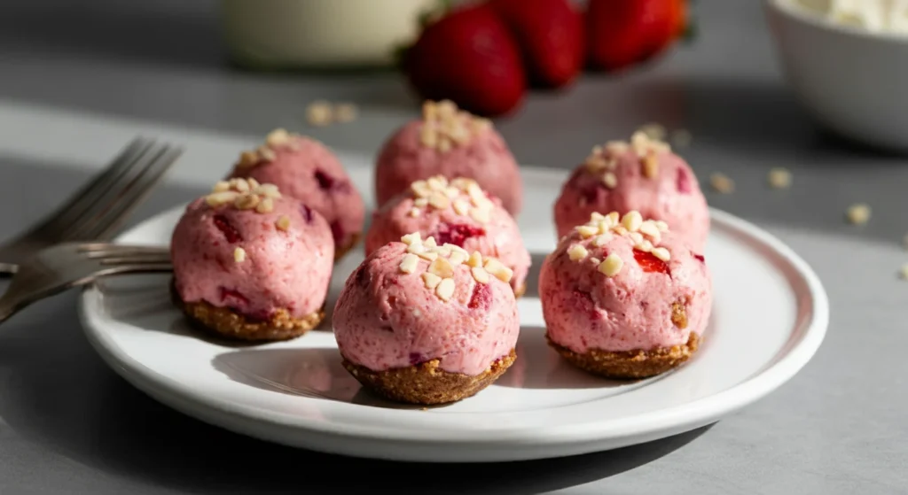 Keto strawberry cheesecake balls milk and strawberries in the background.