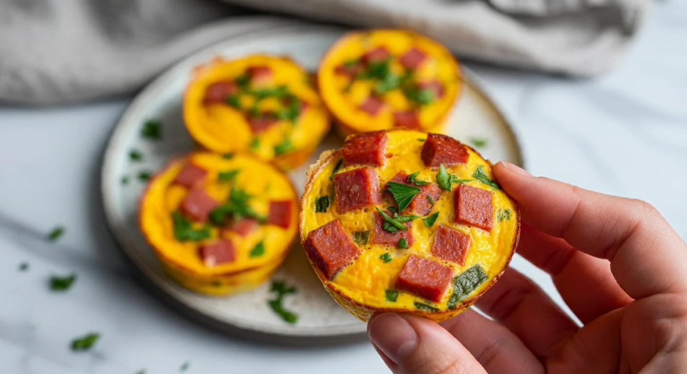 Keto Salami & Cheese Frittatas Hand holding a golden Keto Salami and Cheese Frittata, with others arranged on a ceramic plate garnished with parsley on a marble counter.