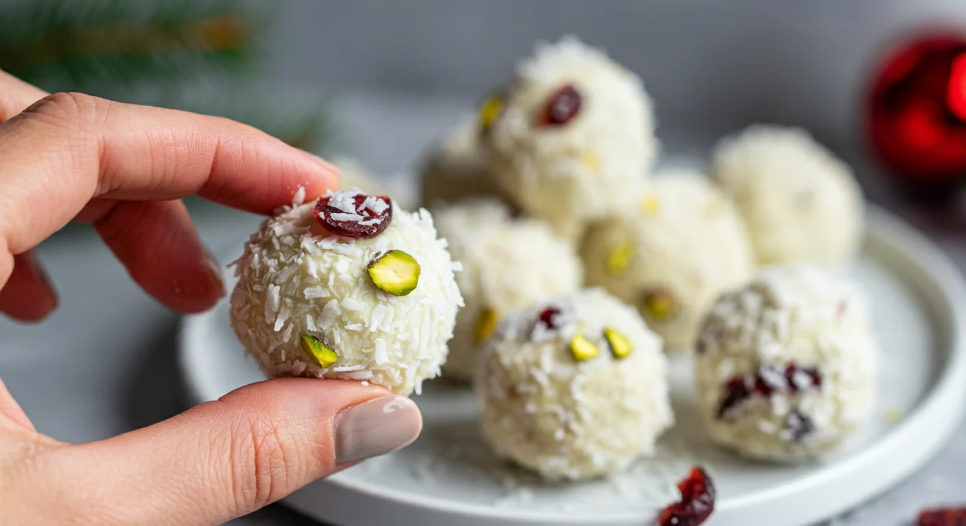 Keto White Christmas Truffles Hand holding a coconut-coated White Christmas Truffle, with a plate of truffles and festive decor softly blurred in the background.