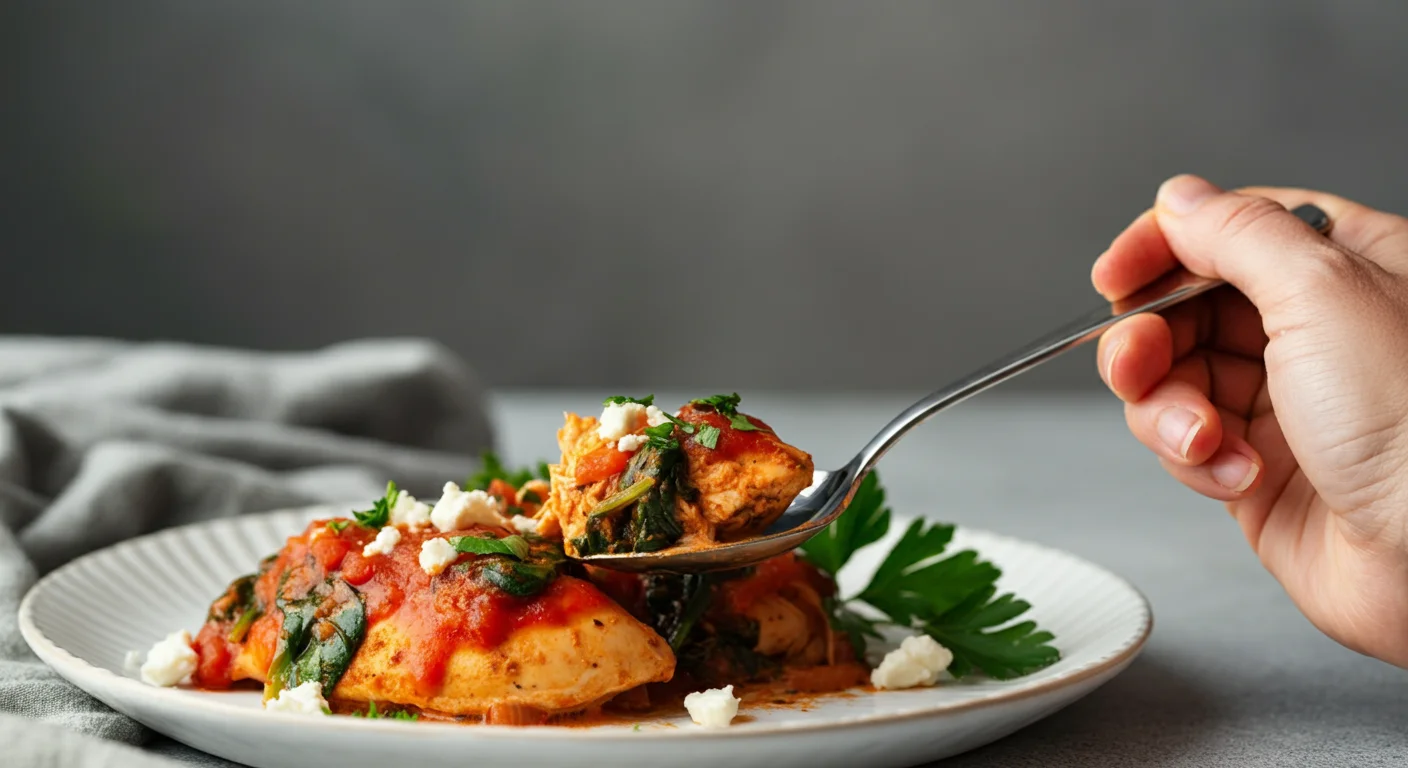 Keto Mediterranean Chicken Hand holding a spoonful of Keto Mediterranean chicken from a white plate garnished with parsley and lemon, with spinach and feta topping.