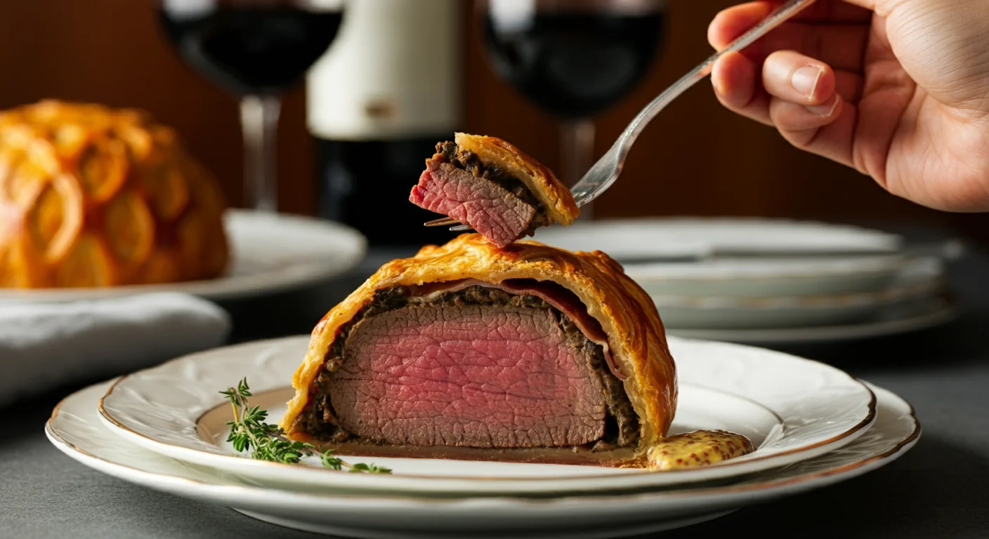 Keto Beef Wellington Hand holding a fork with a bite of Keto Beef Wellington over a white plate garnished with thyme, set against an elegant dining background.