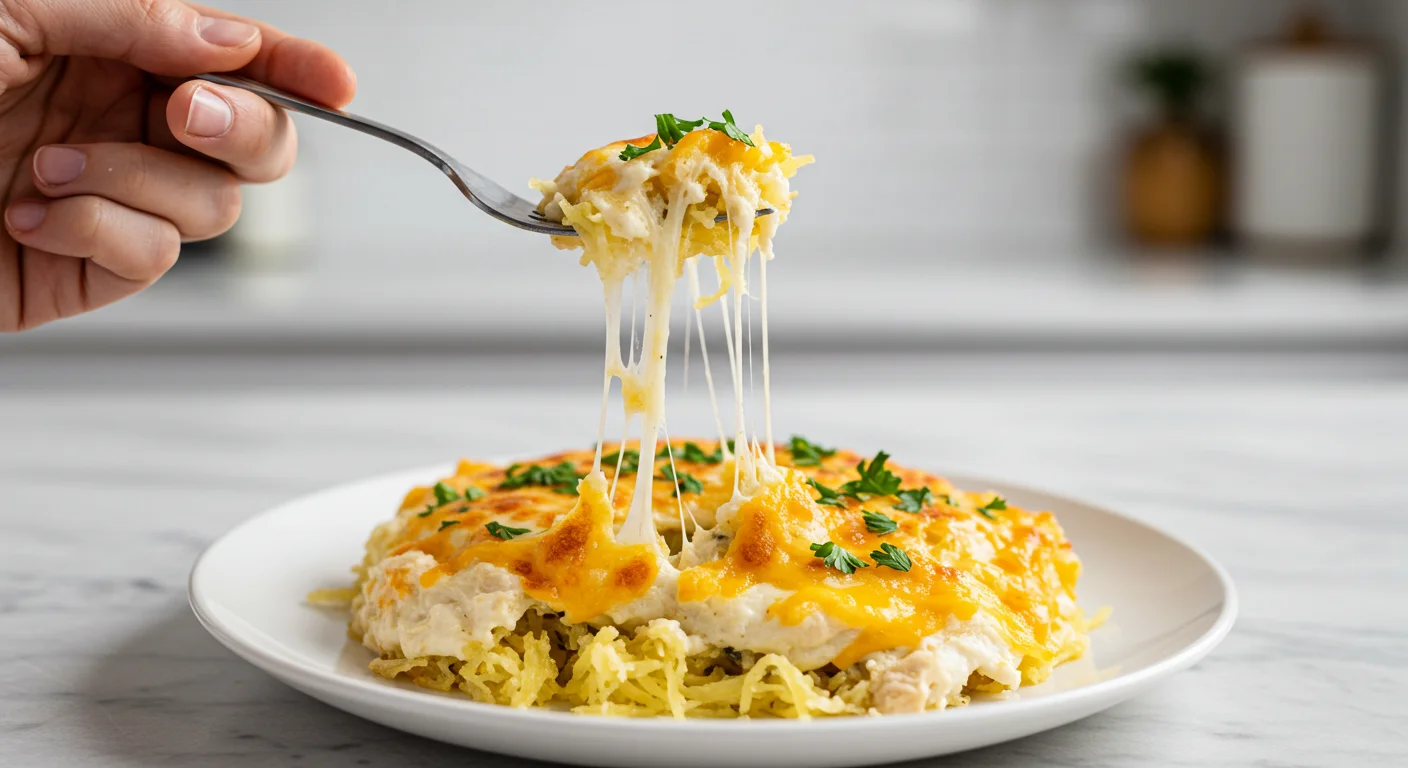 Chicken Alfredo Spaghetti Squash Close-up of a fork lifting cheesy Keto Chicken Alfredo Spaghetti Squash from a white plate, with a blurred classy background.