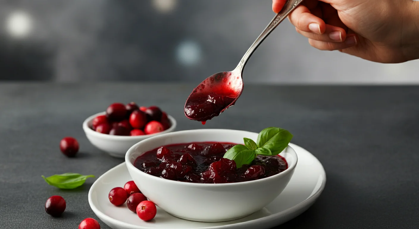 Holiday Cranberry Sauce Elegant cranberry sauce on a white plate with a hand holding a spoon, garnished with cranberries and basil, against a blurred gray background.