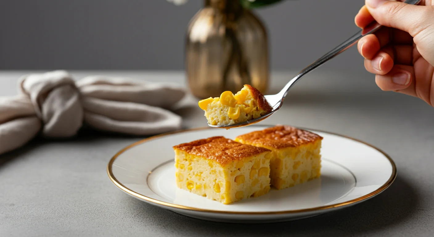 Keto Corn Pudding Spoonful of creamy Keto Corn Pudding held above a classy white plate with a gold rim.