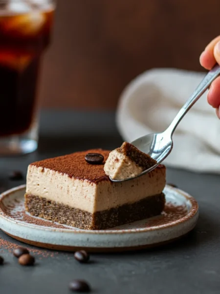 Keto Cappuccino Slice Single keto cappuccino slice on a ceramic plate, dusted with cacao powder and topped with a coffee bean, with a hand holding a spoon above it.